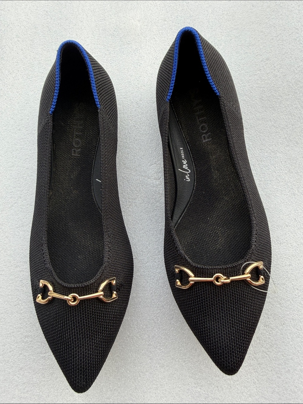 Rothy's Black Pointed Knit Flat with Gold Bit